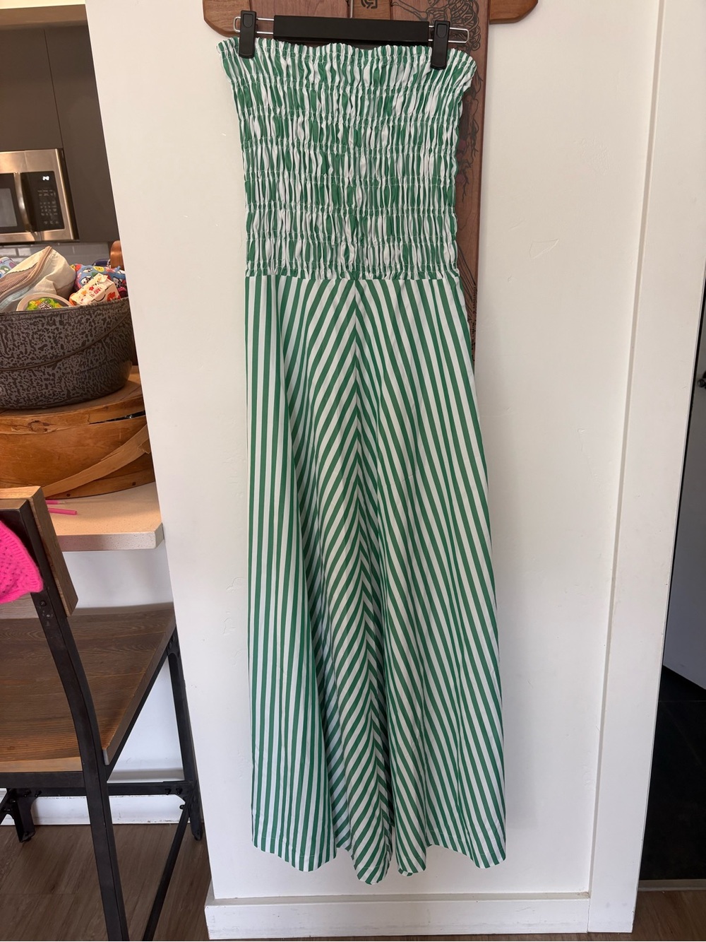Green and White Striped Smocked Maxi Dress